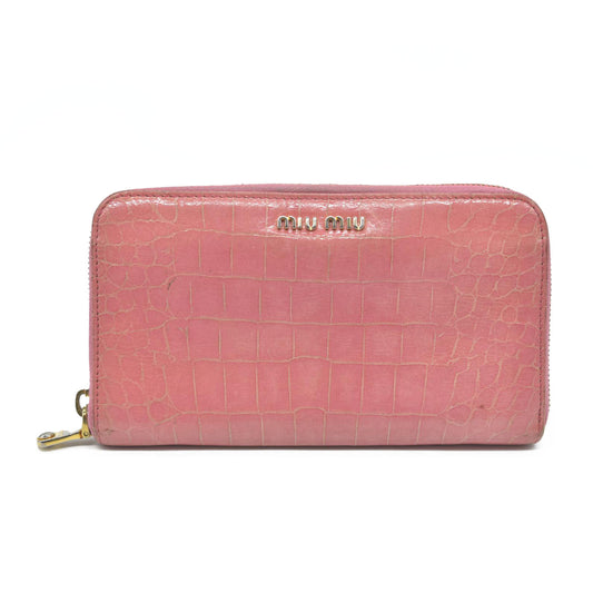 AUCTION $545 Miu Miu  Vernice Crocodile Embossed Calfskin Zip Around Wallet Antico