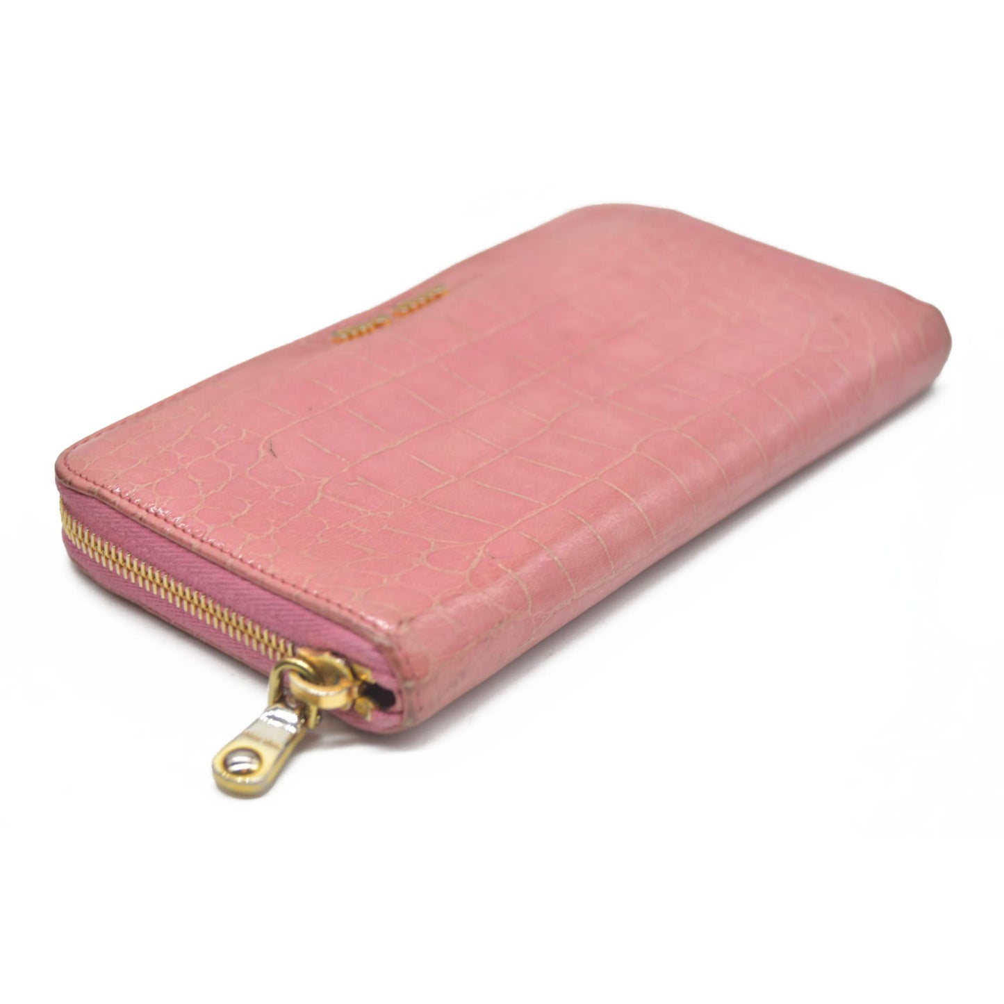 AUCTION $545 Miu Miu  Vernice Crocodile Embossed Calfskin Zip Around Wallet Antico