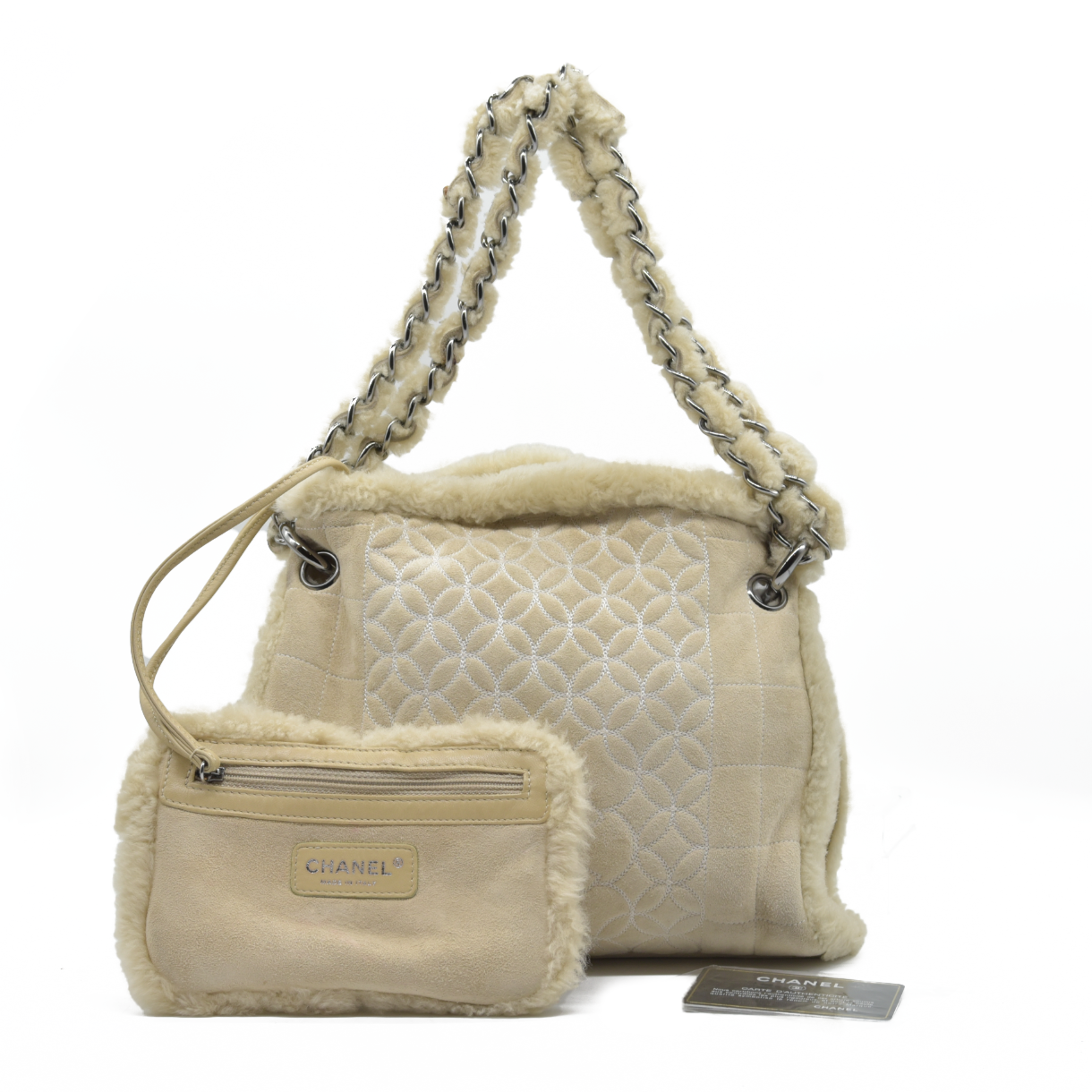 $1895 Chanel Quilted Shearling Tote Bag and Accessory Pouch 2005