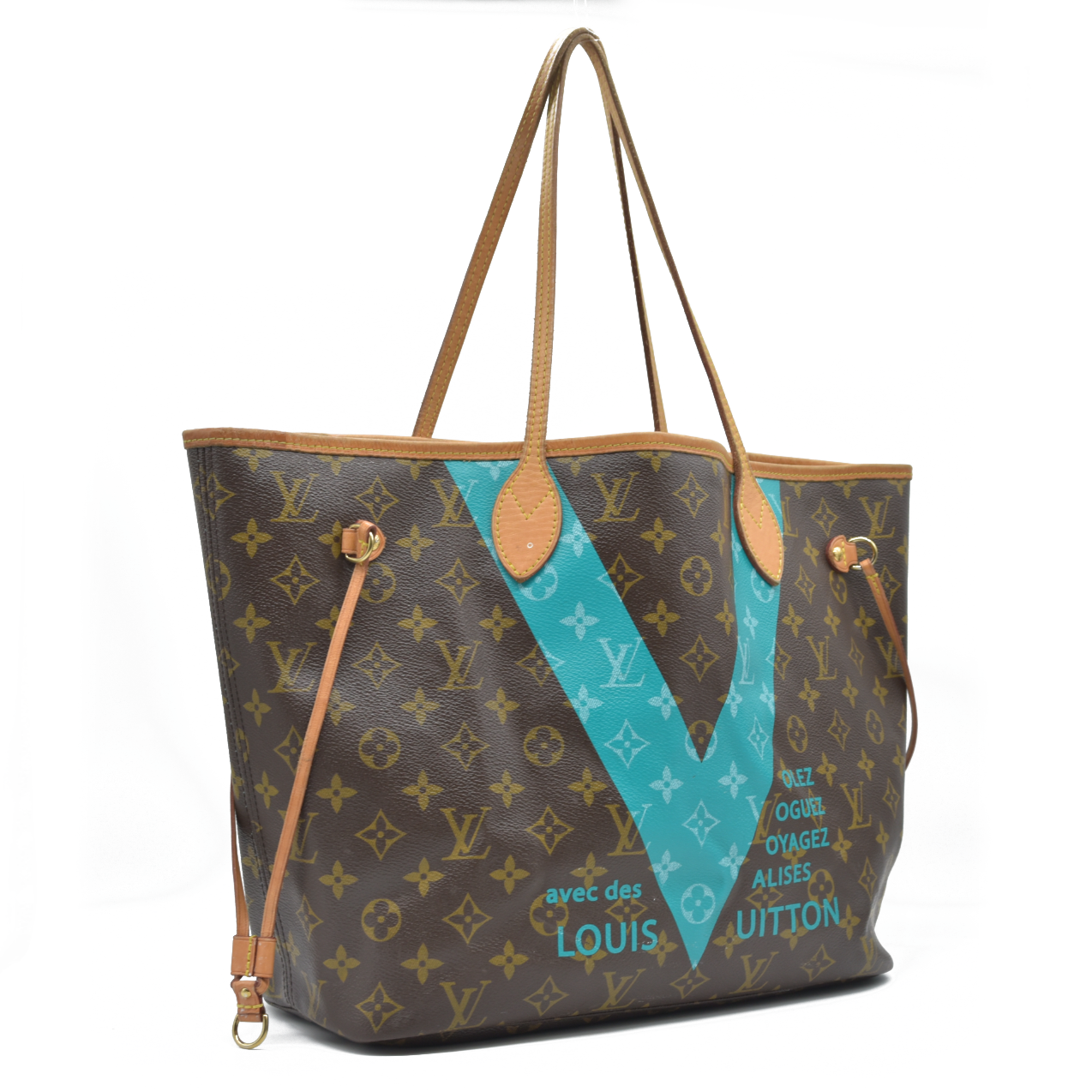 AUCTION $2120 Louis Vuitton  Monogram V Neverfull MM Turquoise