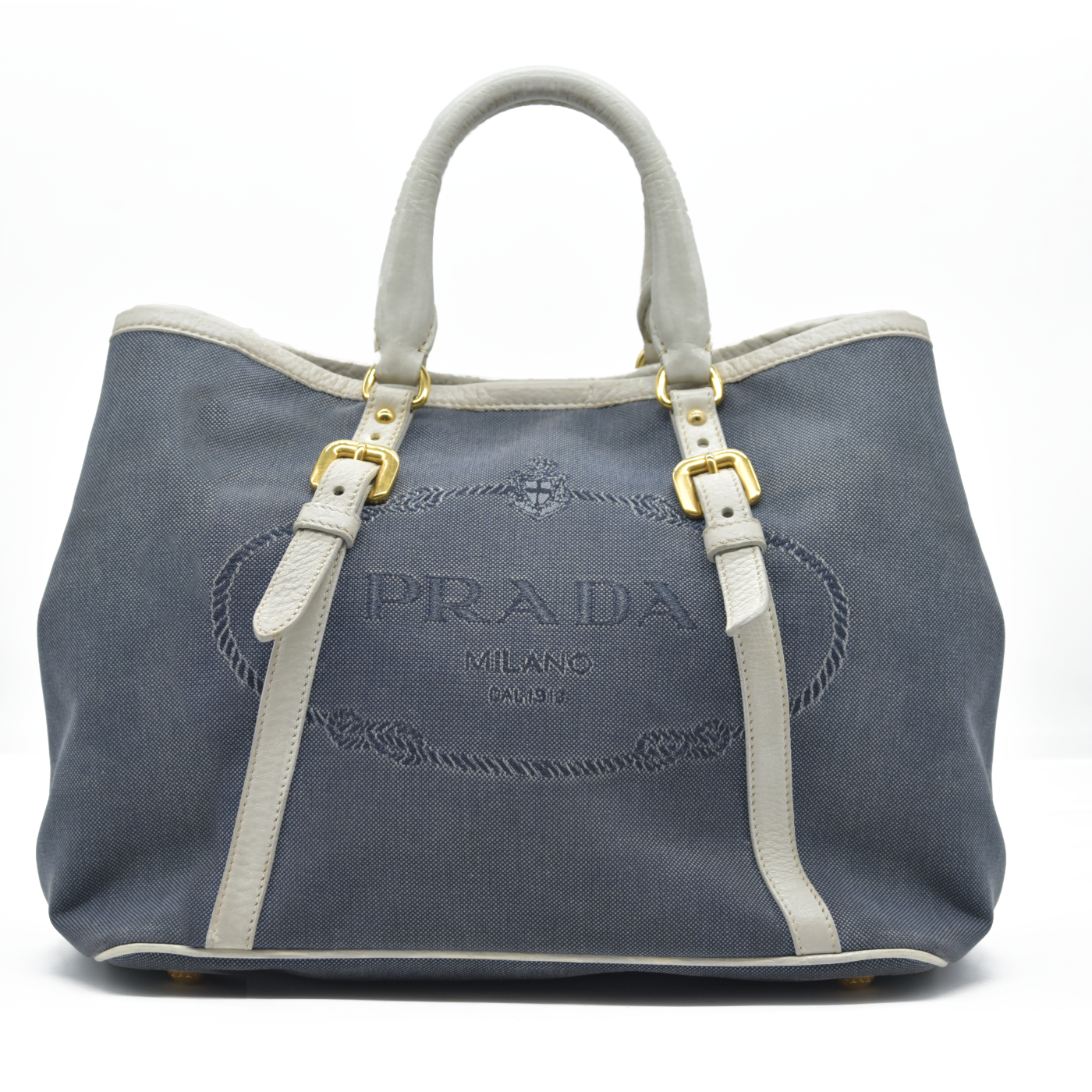 $2400 Prada Canapa Logo Jacquard Handle Bag Blue Denim