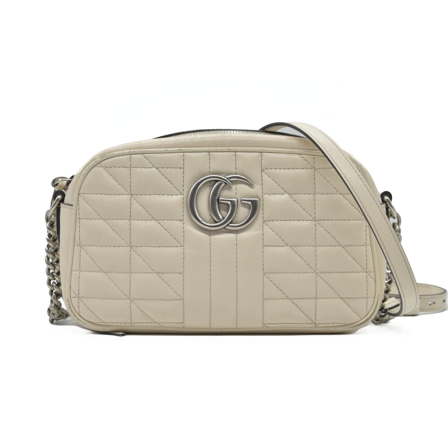 $1950 Gucci Calfskin Matelasse Aria Small GG Marmont Chain Shoulder Bag Mystic White