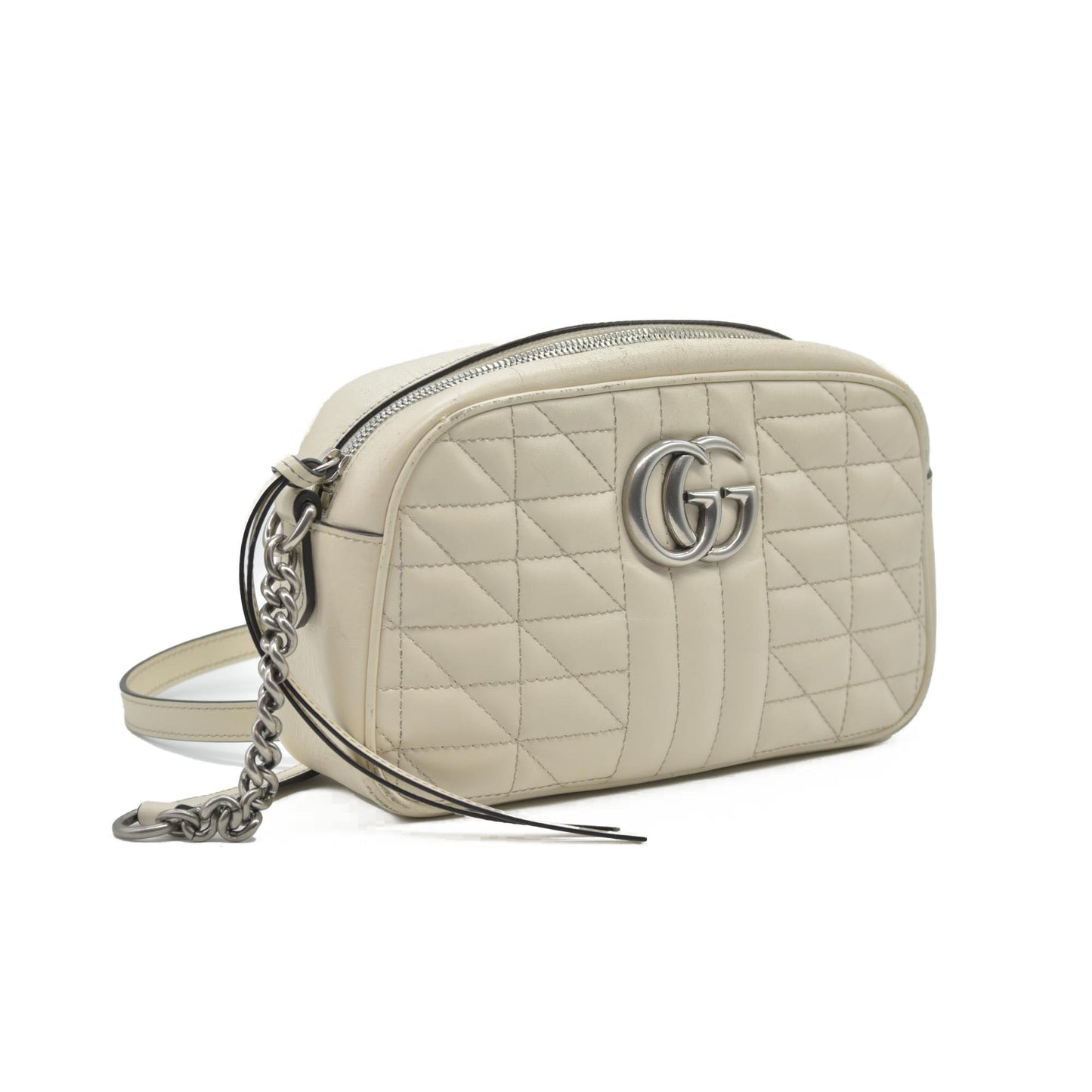 $1950 Gucci Calfskin Matelasse Aria Small GG Marmont Chain Shoulder Bag Mystic White