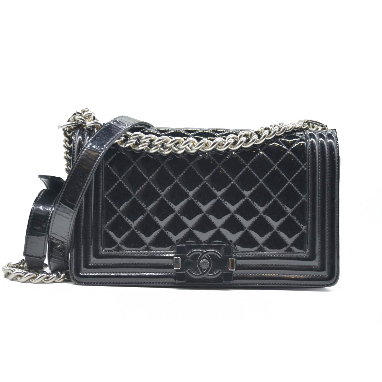 Chanel  Patent Calfskin Quilted Medium Plexiglass Boy Flap Black