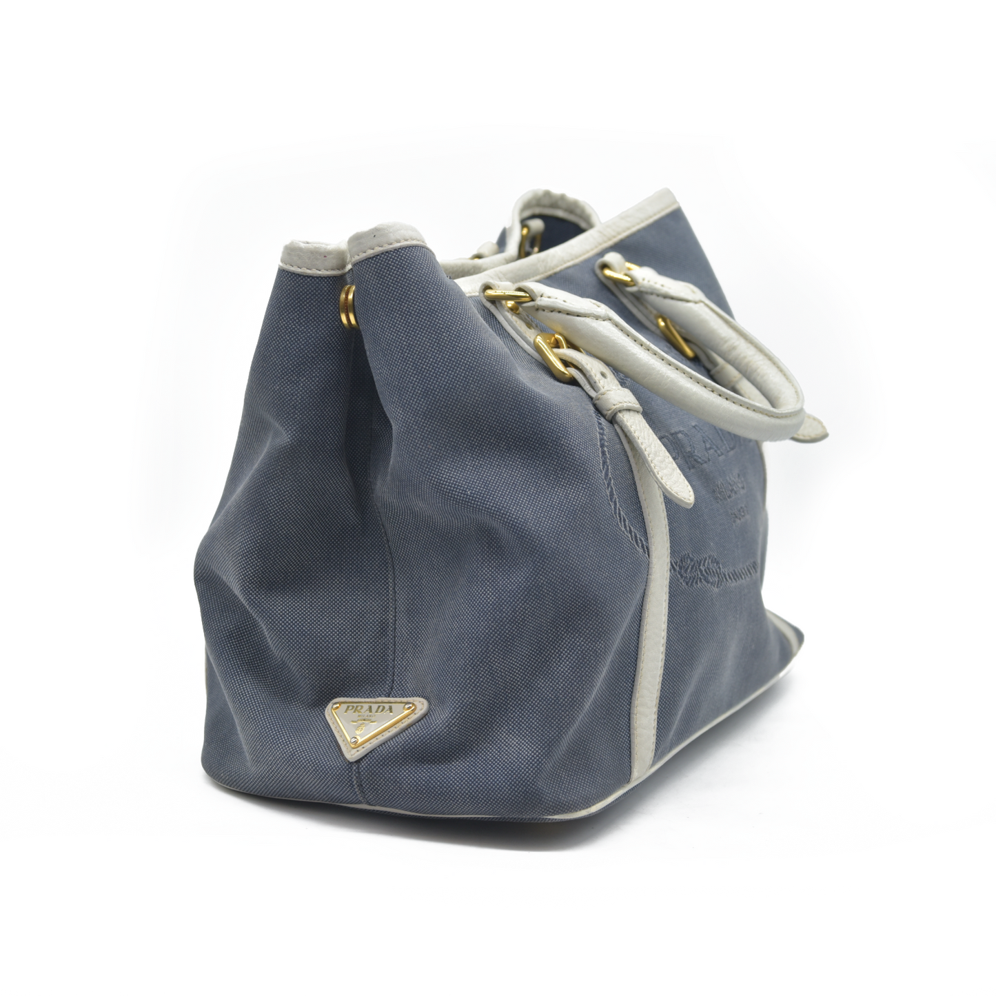$2400 Prada Canapa Logo Jacquard Handle Bag Blue Denim
