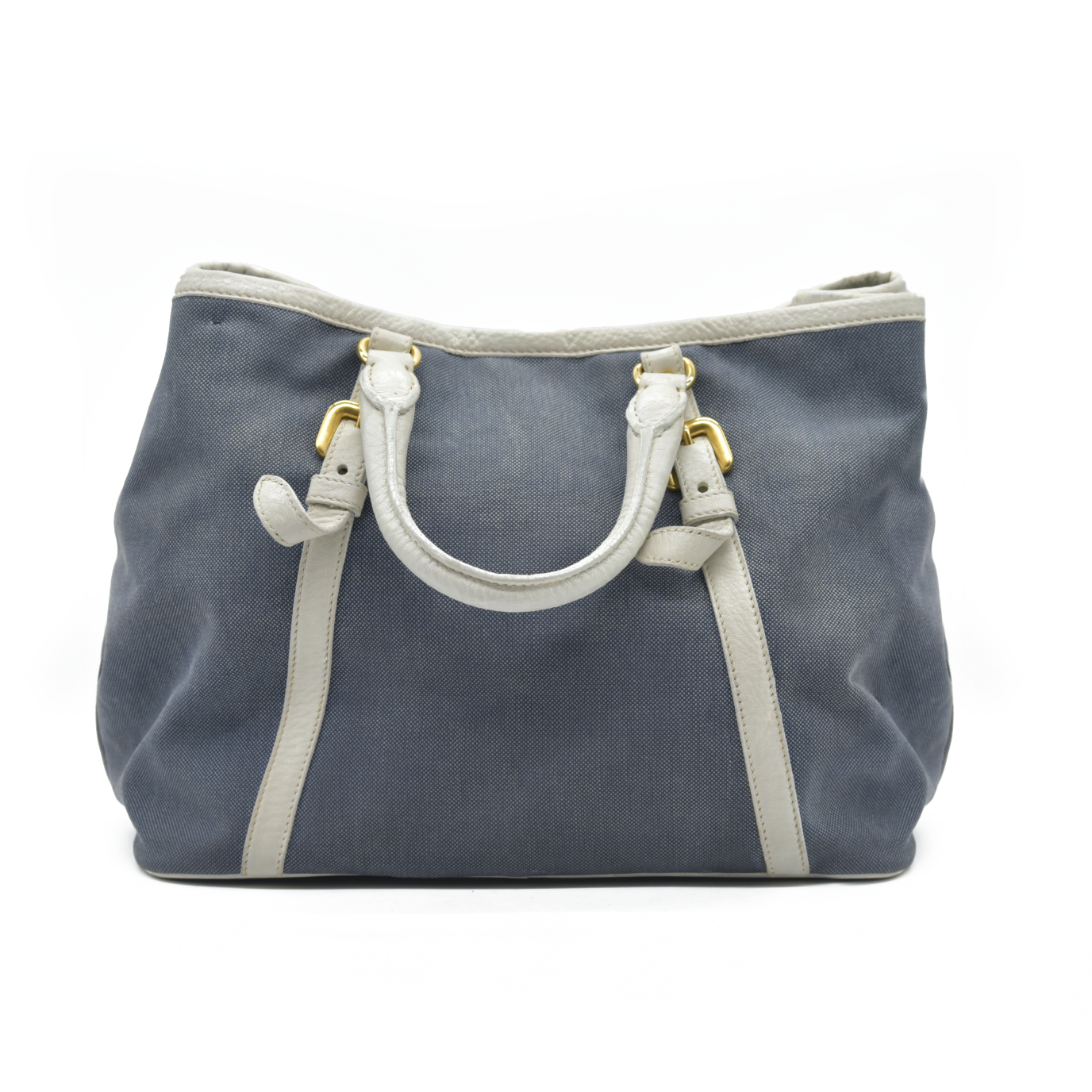 $2400 Prada Canapa Logo Jacquard Handle Bag Blue Denim