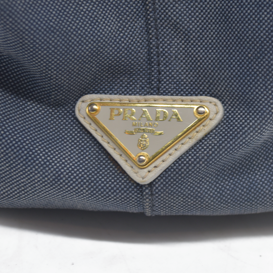 $2400 Prada Canapa Logo Jacquard Handle Bag Blue Denim