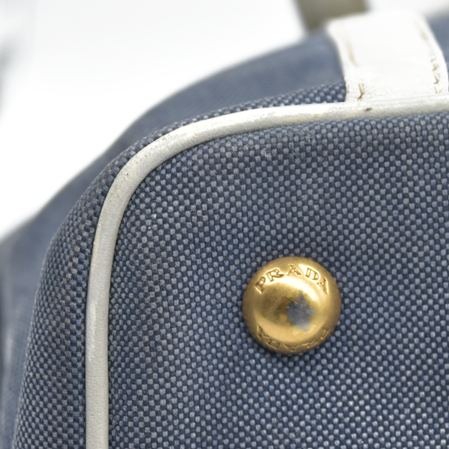 $2400 Prada Canapa Logo Jacquard Handle Bag Blue Denim
