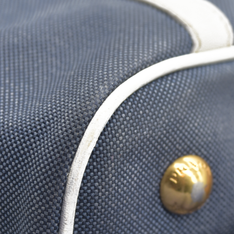 $2400 Prada Canapa Logo Jacquard Handle Bag Blue Denim