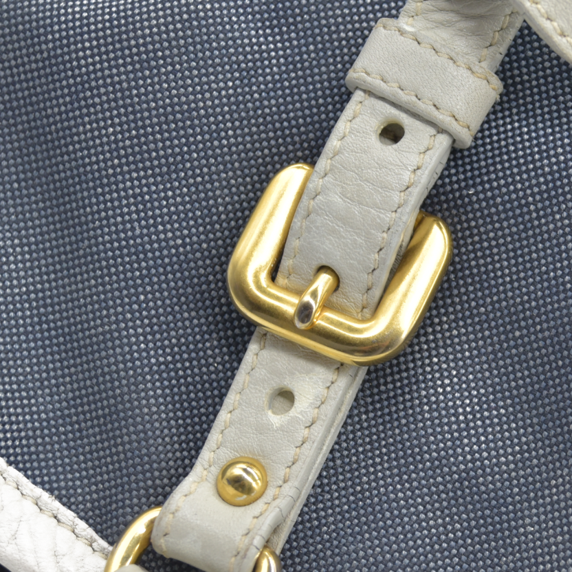 $2400 Prada Canapa Logo Jacquard Handle Bag Blue Denim