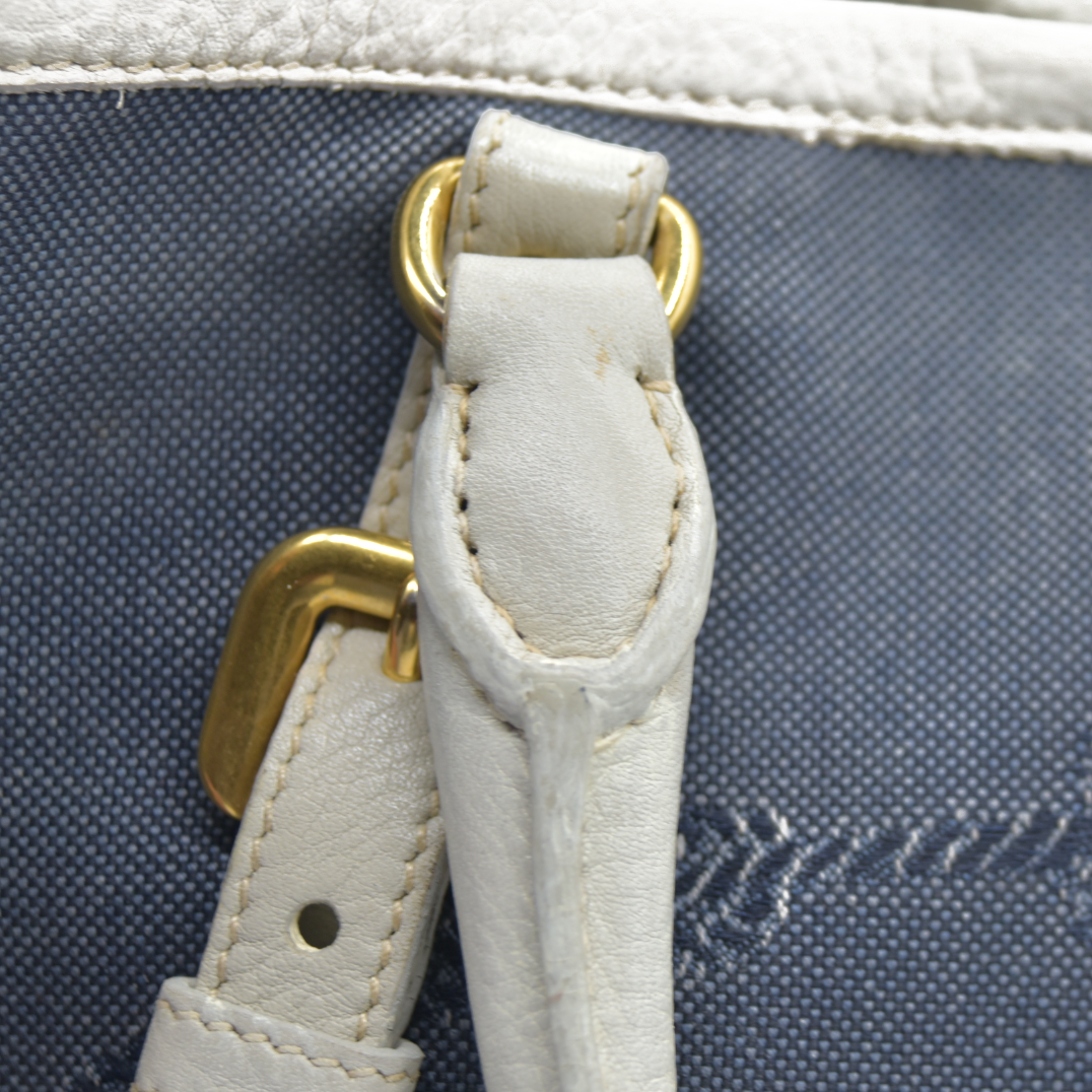 $2400 Prada Canapa Logo Jacquard Handle Bag Blue Denim