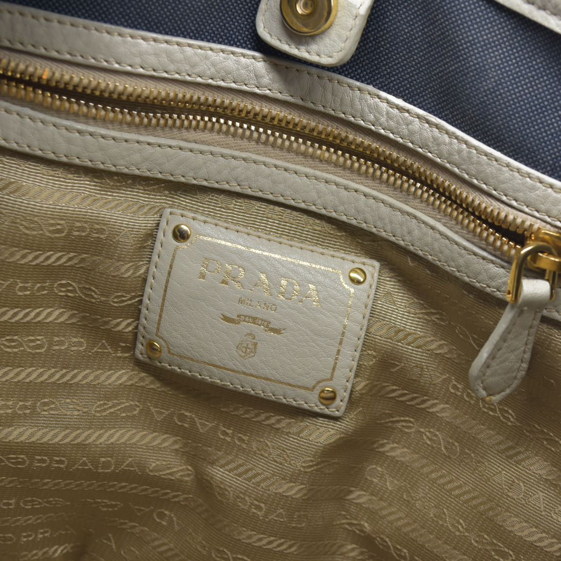 $2400 Prada Canapa Logo Jacquard Handle Bag Blue Denim