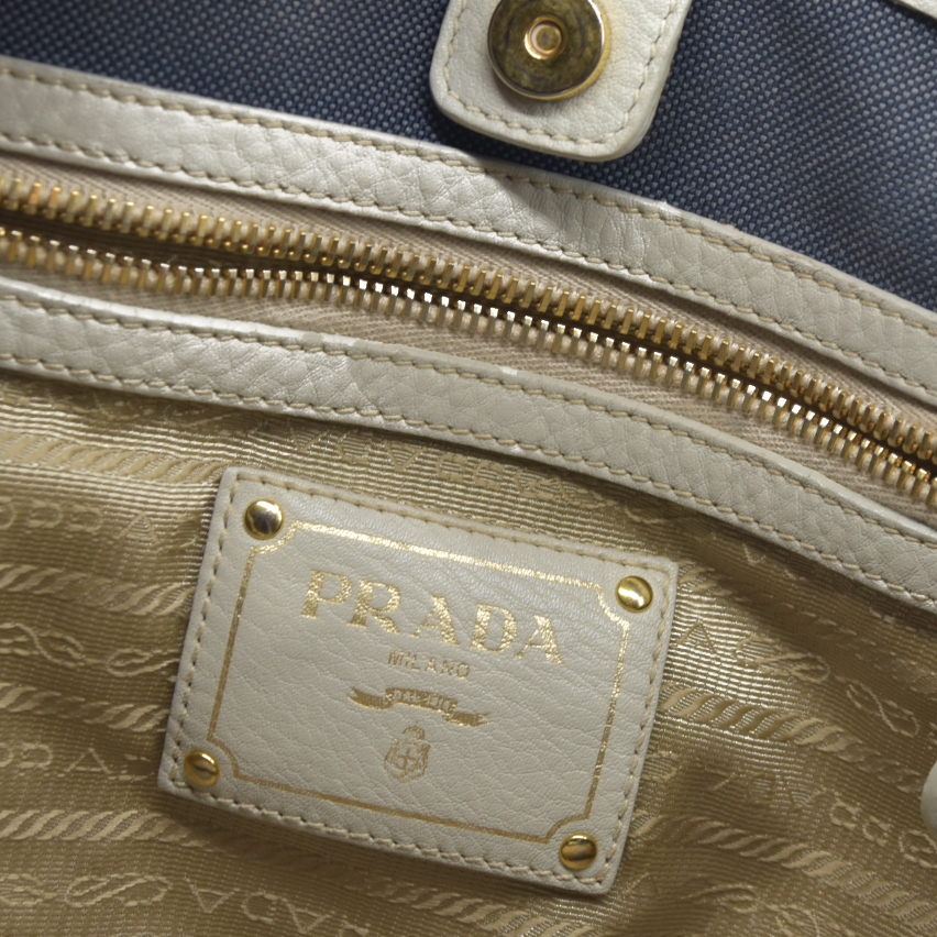$2400 Prada Canapa Logo Jacquard Handle Bag Blue Denim
