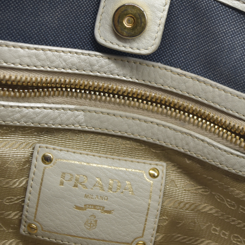 $2400 Prada Canapa Logo Jacquard Handle Bag Blue Denim