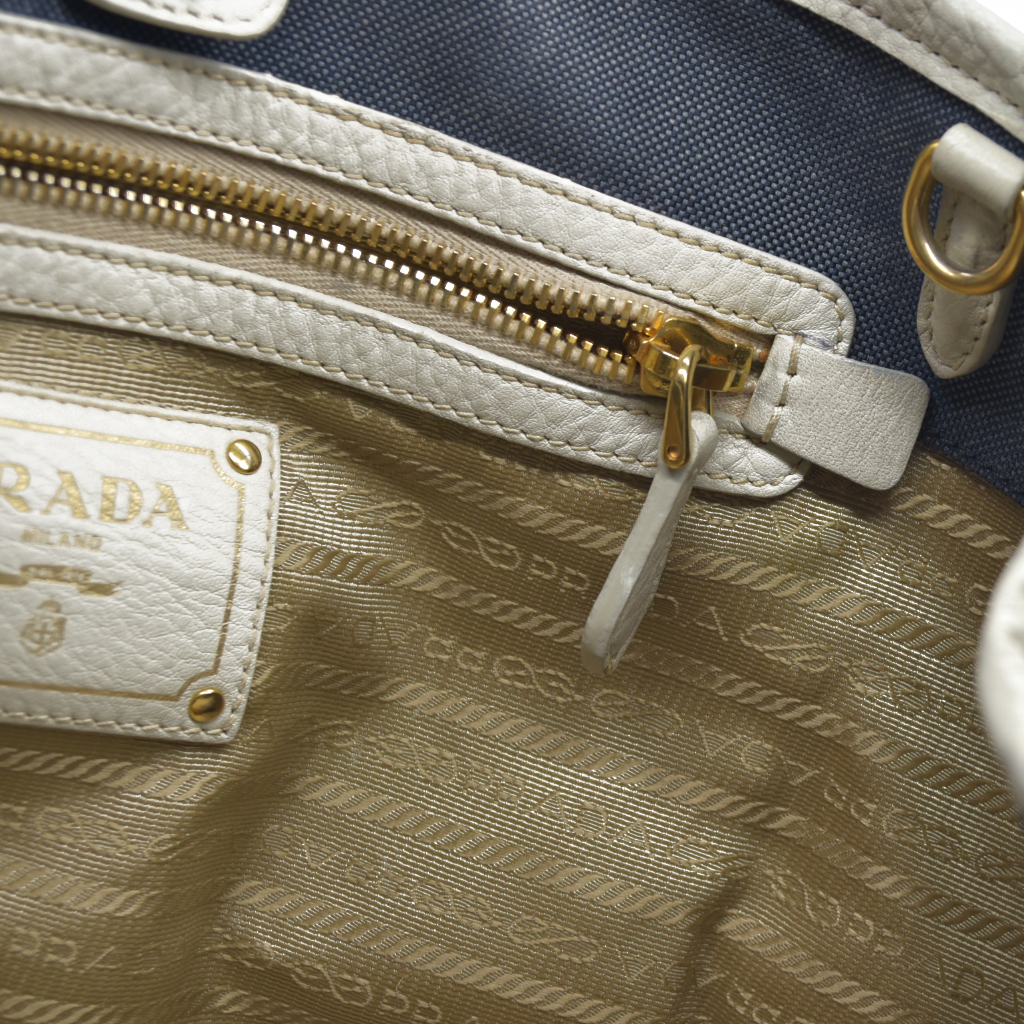 $2400 Prada Canapa Logo Jacquard Handle Bag Blue Denim