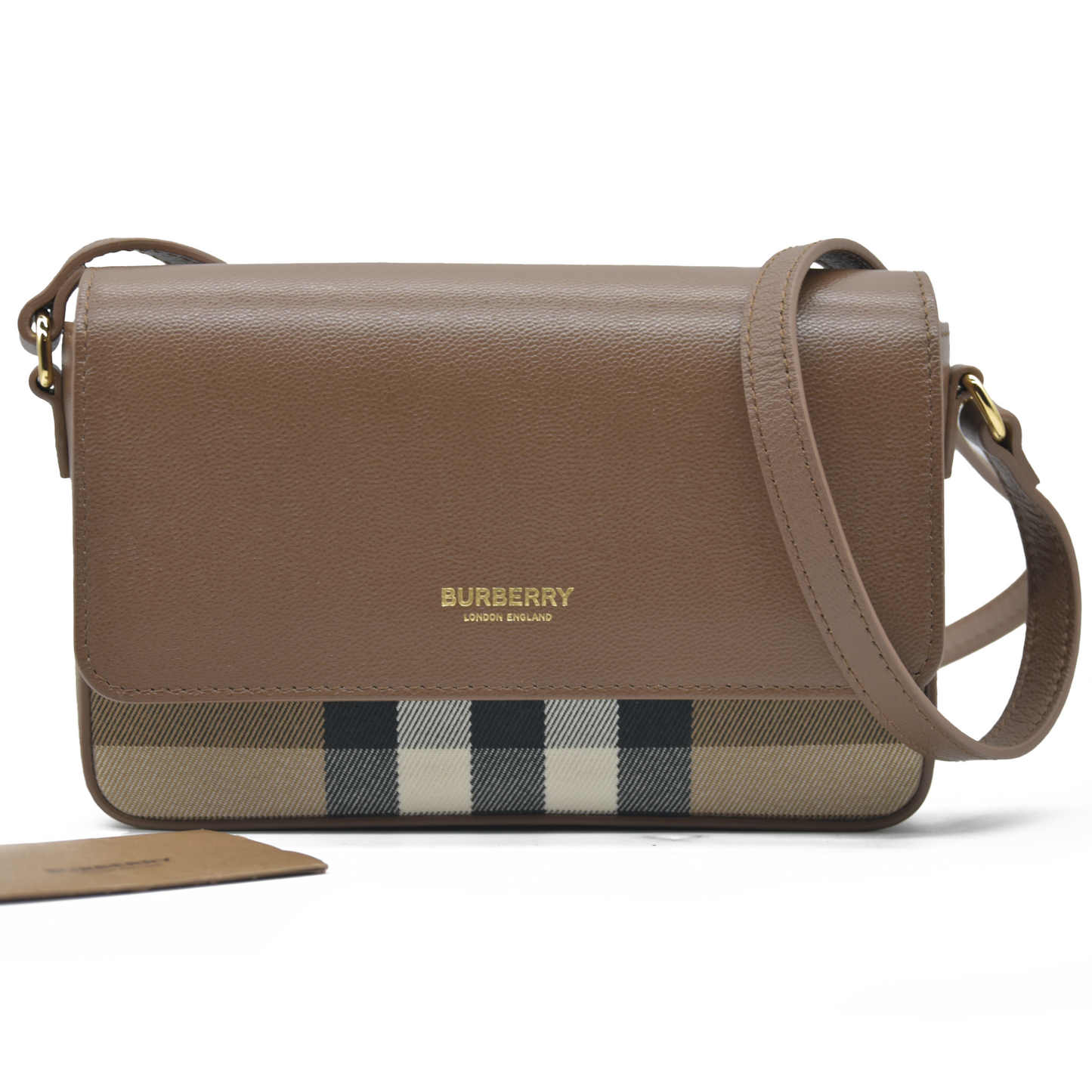 $1150 Burberry Hampshire Small House Check & Leather Crossbody Brown