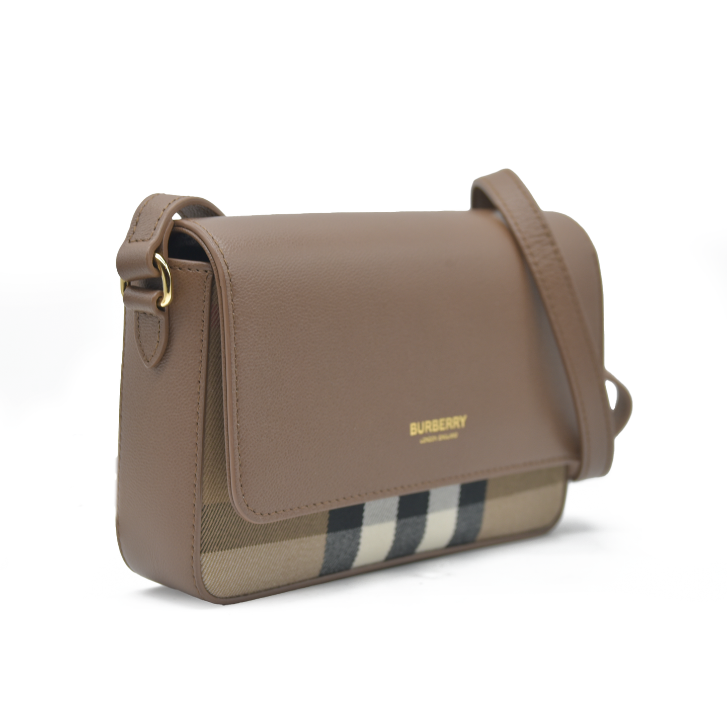 $1150 Burberry Hampshire Small House Check & Leather Crossbody Brown