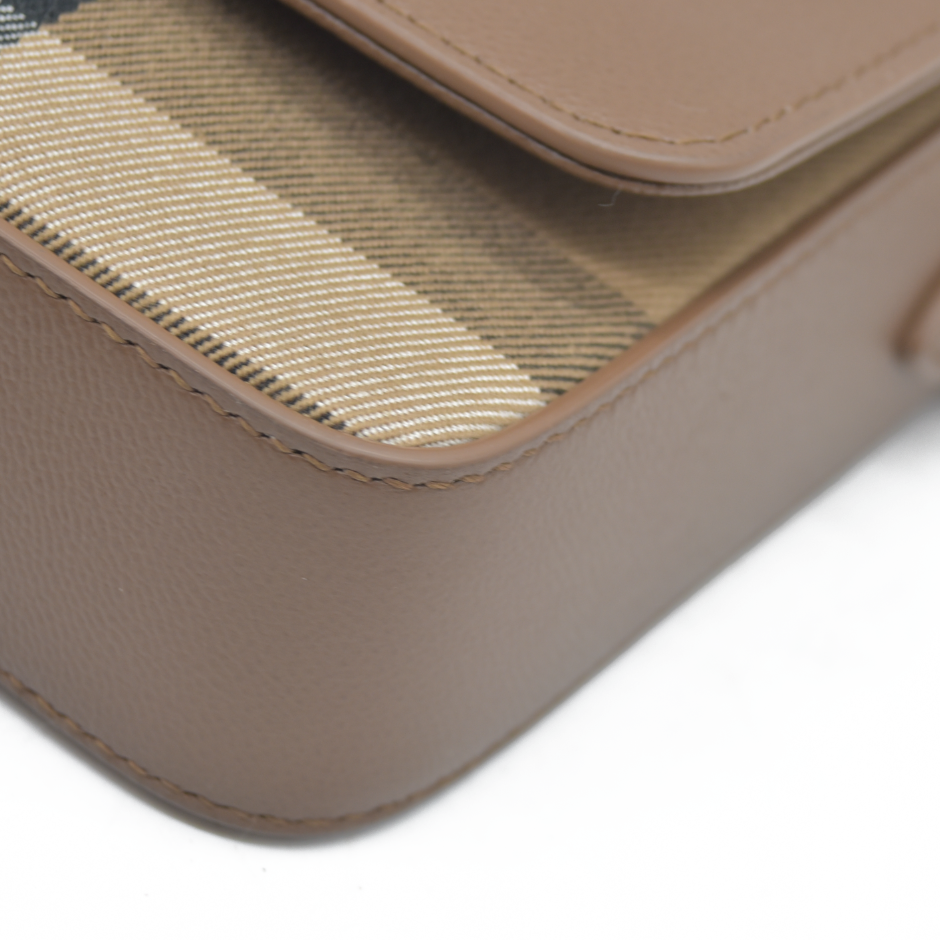 $1150 Burberry Hampshire Small House Check & Leather Crossbody Brown