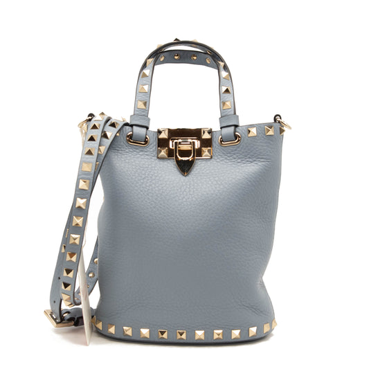 Valentino Mini Rockstud Leather Bucket Bag in Niagra Blue