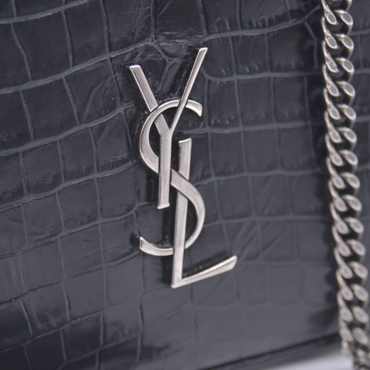 $1800 2019 Saint Laurent Calfskin Crocodile Embossed Monogram Mini Lou Camera Bag Black 10020872