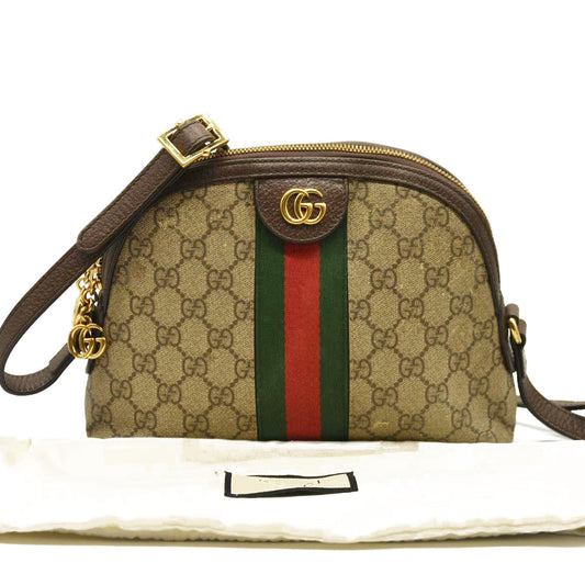 Gucci  GG Supreme Monogram Textured Dollar Calfskin Web Small Ophidia Dome Shoulder Bag Beige Ebony New Acero