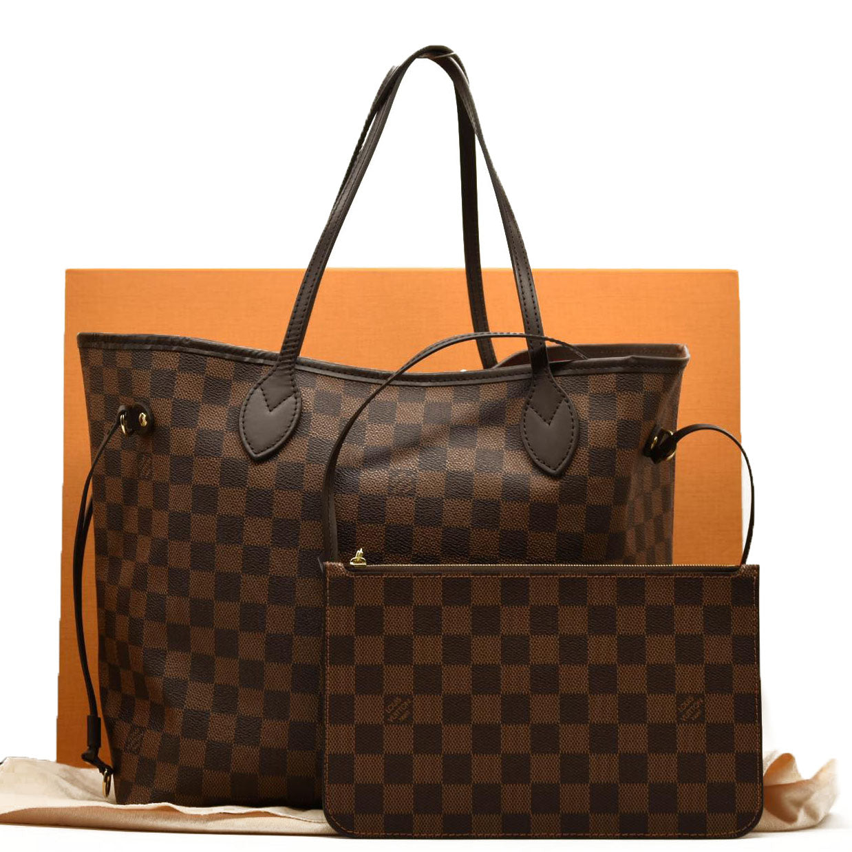 MICROCHIPPED LOUIS VUITTON Damier Ebene Neverfull MM with pouch