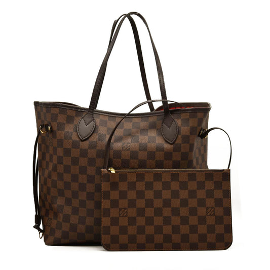 MICROCHIPPED LOUIS VUITTON Damier Ebene Neverfull MM with pouch