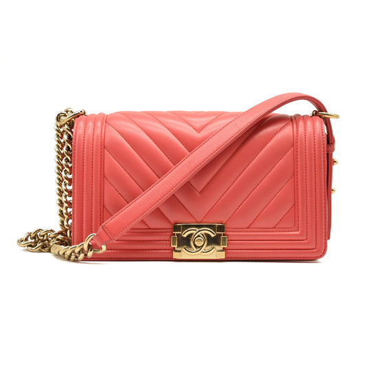 CHANEL Leather Chevron Quilted Medium Boy Flap Pink