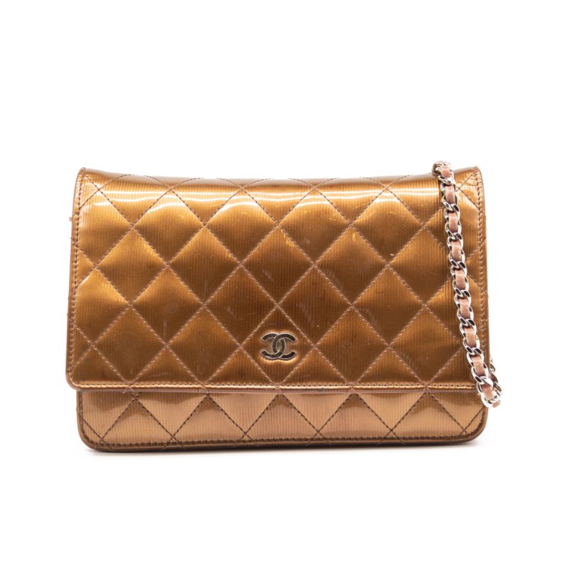 Chanel Patent Quilted Wallet On Chain WOC Brown Metallic Bronze CC