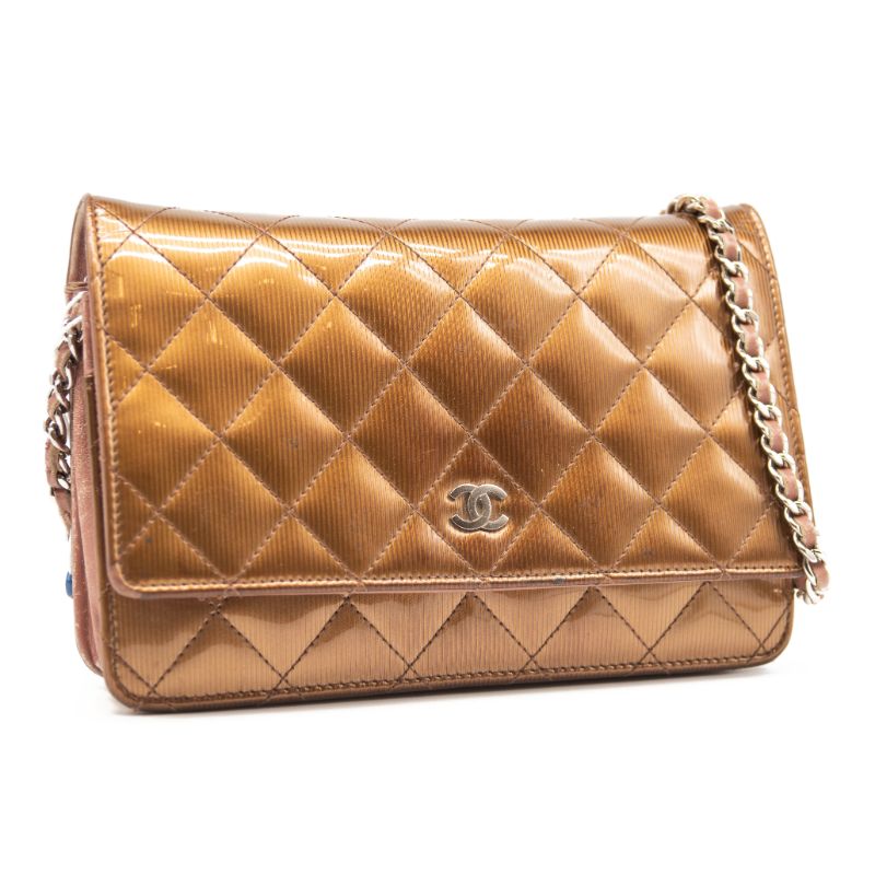 Chanel Patent Quilted Wallet On Chain WOC Brown Metallic Bronze CC