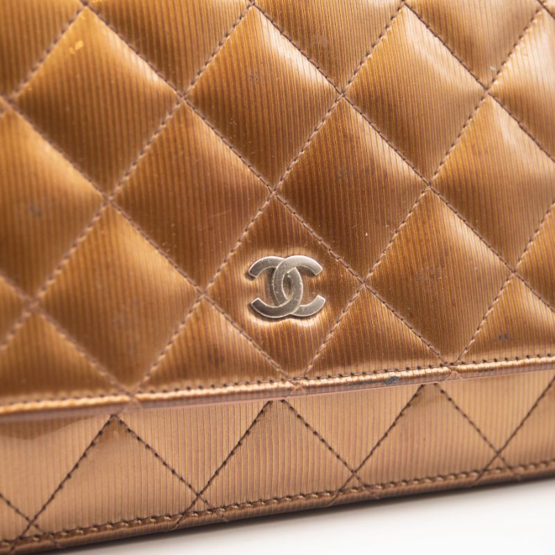 Chanel Patent Quilted Wallet On Chain WOC Brown Metallic Bronze CC