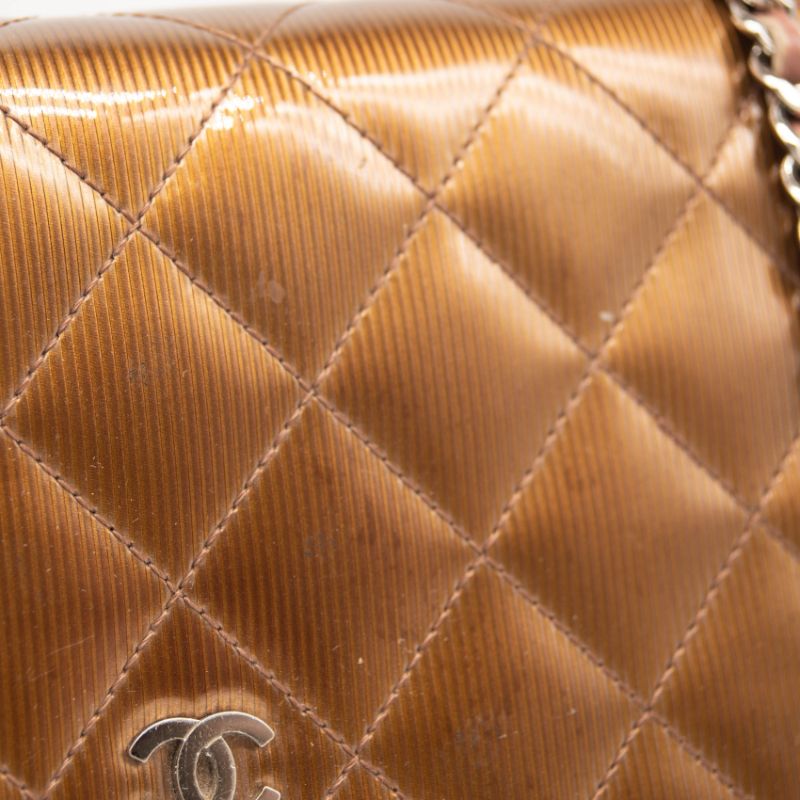 Chanel Patent Quilted Wallet On Chain WOC Brown Metallic Bronze CC