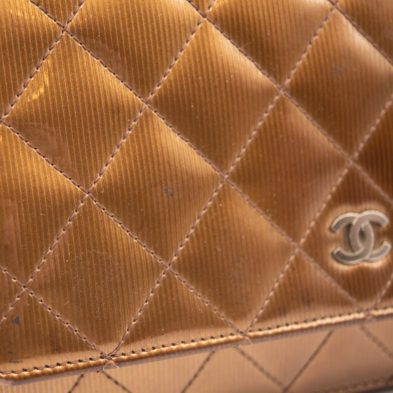 Chanel Patent Quilted Wallet On Chain WOC Brown Metallic Bronze CC