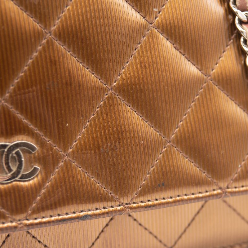 Chanel Patent Quilted Wallet On Chain WOC Brown Metallic Bronze CC