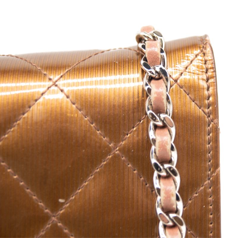 Chanel Patent Quilted Wallet On Chain WOC Brown Metallic Bronze CC