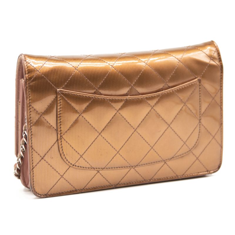 Chanel Patent Quilted Wallet On Chain WOC Brown Metallic Bronze CC