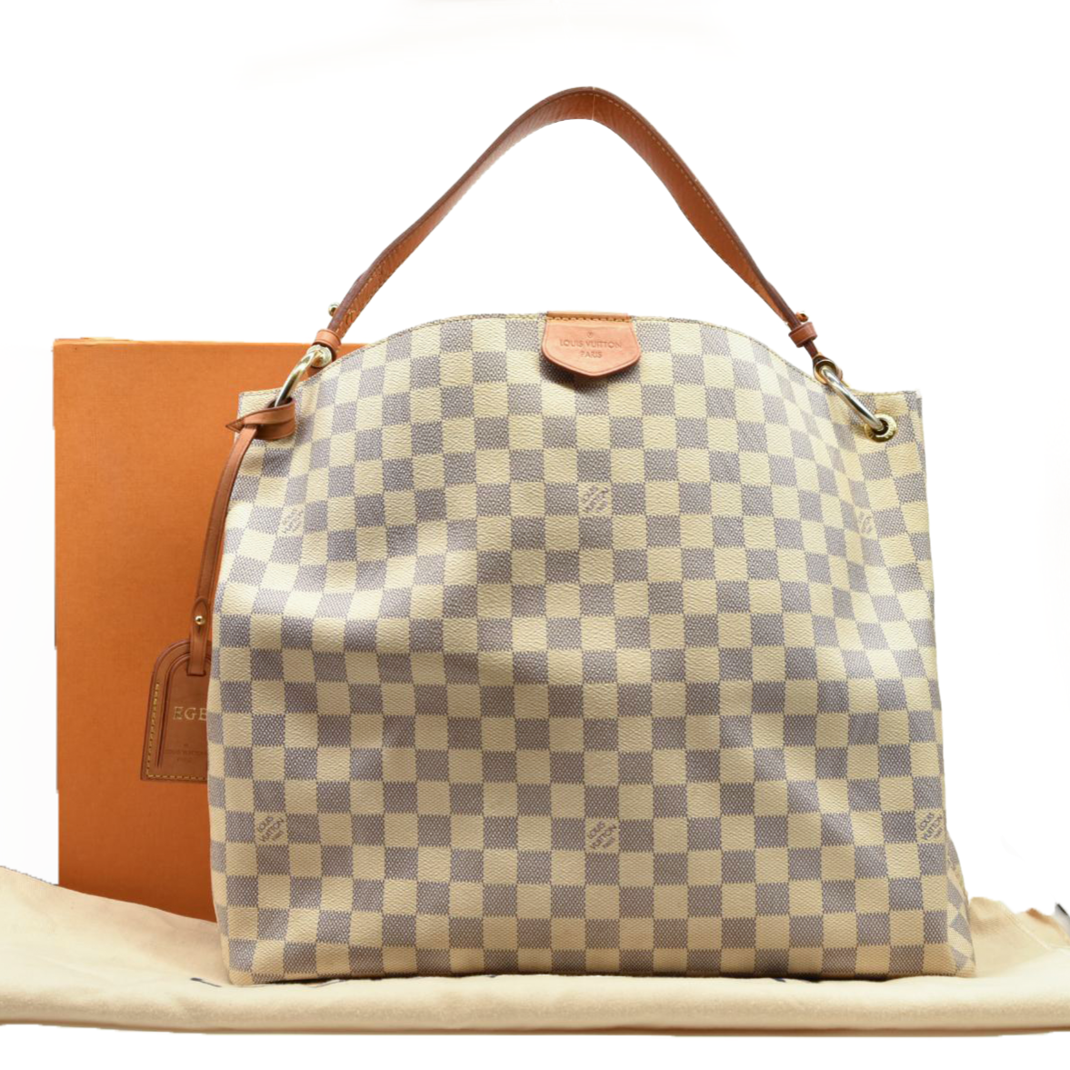 USED Louis Vuitton Graceful Mm Rose Ballerine White Damier Azur Canvas Tote RFID