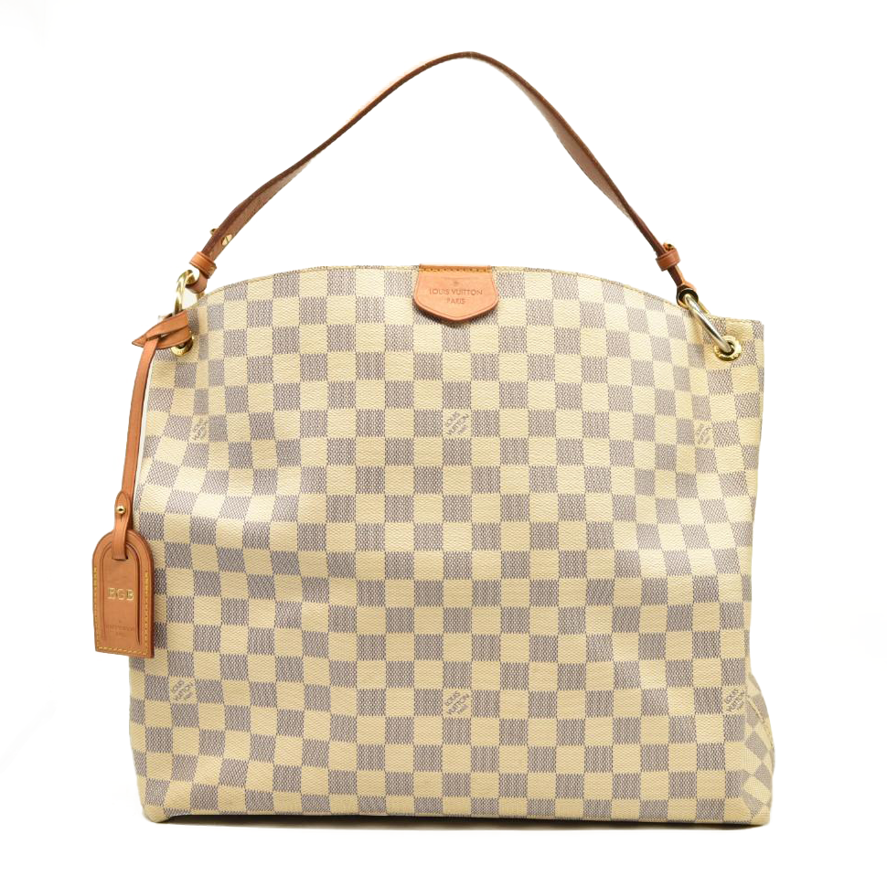 USED Louis Vuitton Graceful Mm Rose Ballerine White Damier Azur Canvas Tote RFID