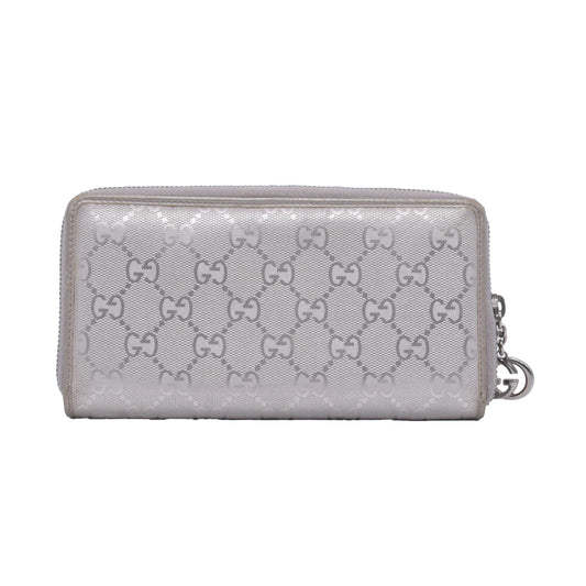 $770 2005 GUCCI GG Monogram Canvas GG Monogram Zip Around Wallet Wallet Metallic Grey CONSIGNMENT 10020940