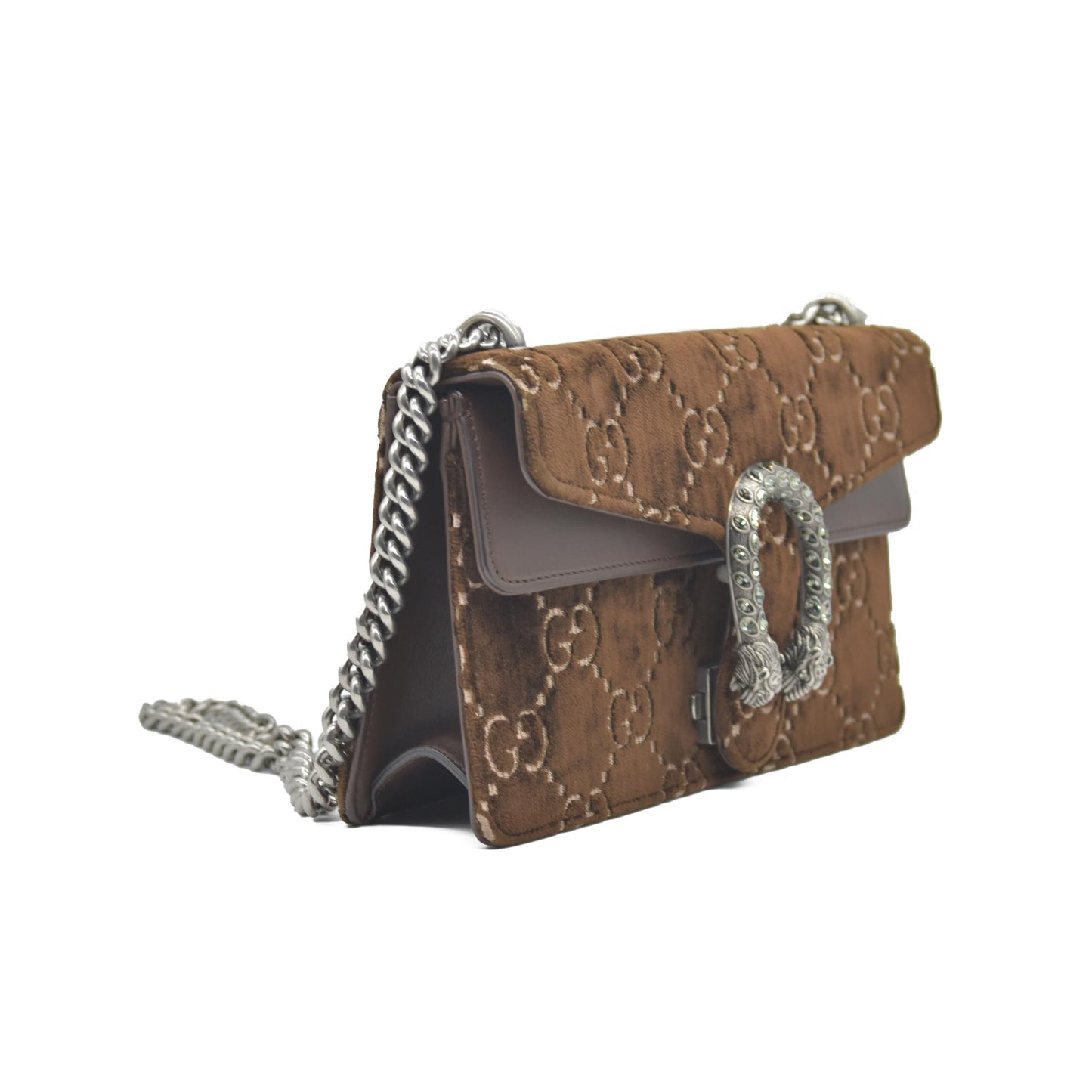 $2650 Gucci Velvet Moon Calfskin Crystal GG Monogram Small Dionysus Shoulder Bag Brown Vintage Cocoa Black Diamond