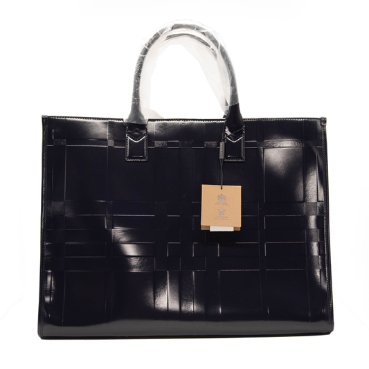 Burberry Denny Embossed Check Leather Tote Blue Patent Dark Charcoal