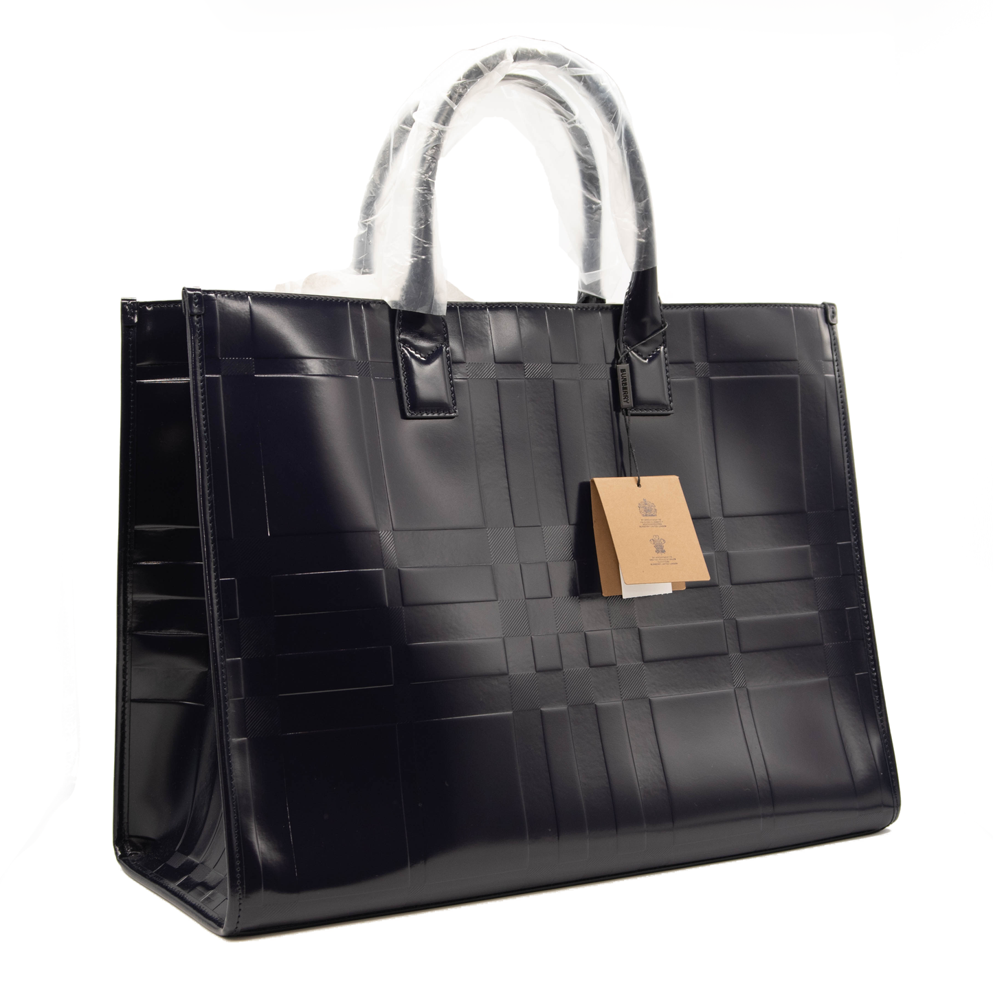 Burberry Denny Embossed Check Leather Tote Blue Patent Dark Charcoal