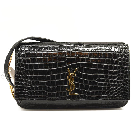 SAINT LAURENT Crocodile Embossed Monogram Phone Holder Crossbody Black
