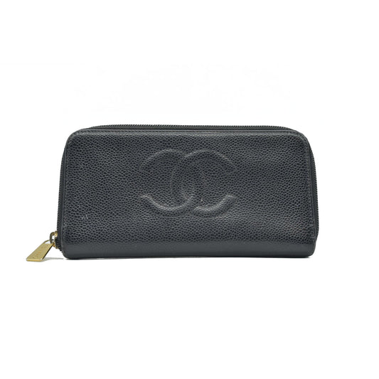 $925 Chanel Caviar Large Timeless CC Zip Around Wallet BlackCONSIGNMENT