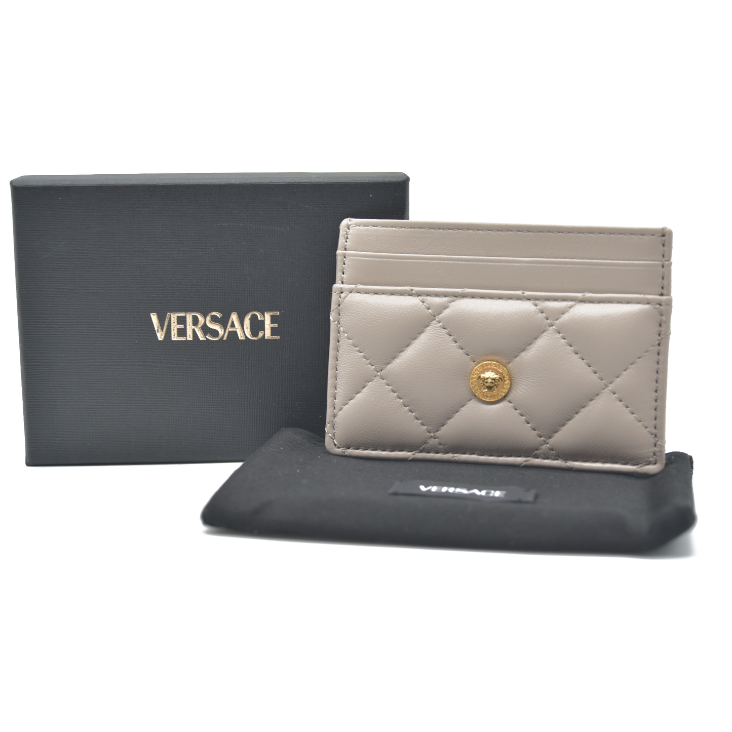 $295 Versace Medusa Quilted Card Holder Beige CONSIGNMENT