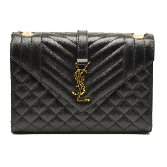 SAINT LAURENT Grain De Poudre Textured Mixed Matelasse Triquilt Medium Monogram Satchel Black