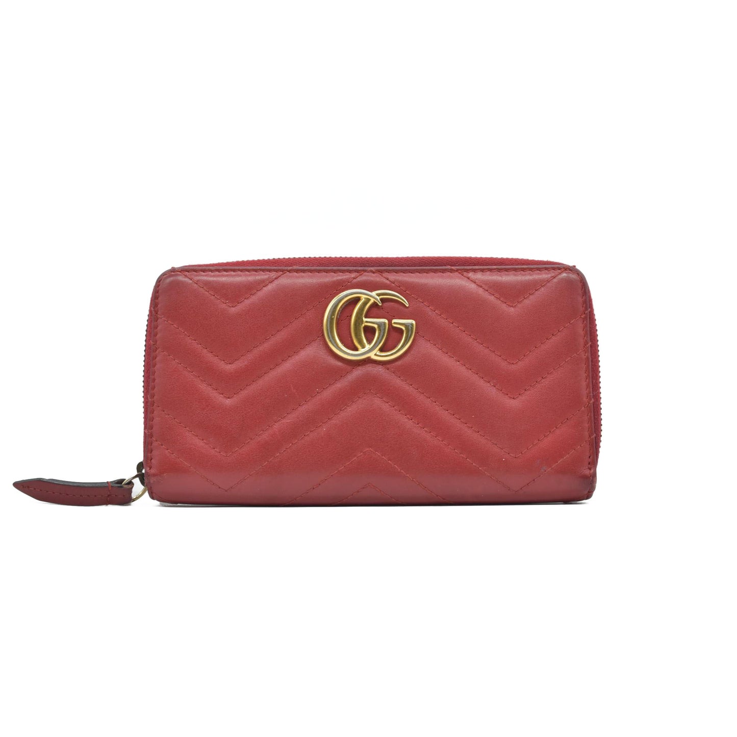 $830 Gucci Calfskin Matelasse GG Marmont Zip Around Wallet Hibiscus Red CONSIGNMENT