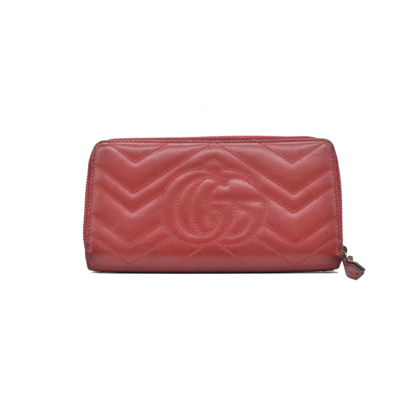 $830 Gucci Calfskin Matelasse GG Marmont Zip Around Wallet Hibiscus Red CONSIGNMENT