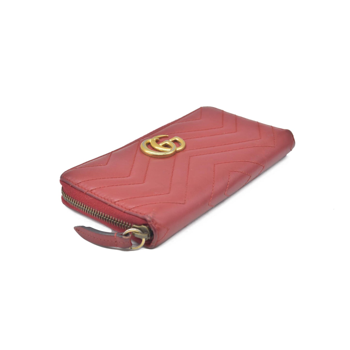 $830 Gucci Calfskin Matelasse GG Marmont Zip Around Wallet Hibiscus Red CONSIGNMENT