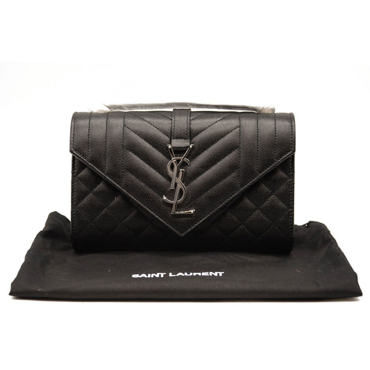 NEW SAINT LAURENT Grain De Poudre Textured Mixed Matelasse Triquilt Small Monogram Satchel Black